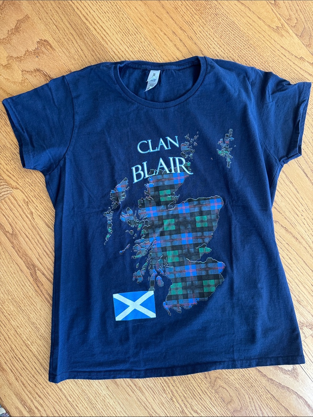 Clan Blair tartan map large women’s navy short sleeve cotton tee shirt